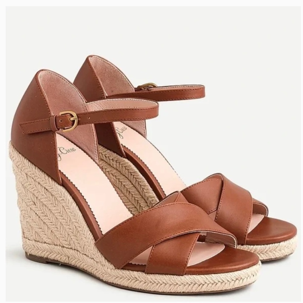 NEW J.Crew Jute wedge sandals in leather brown size 8